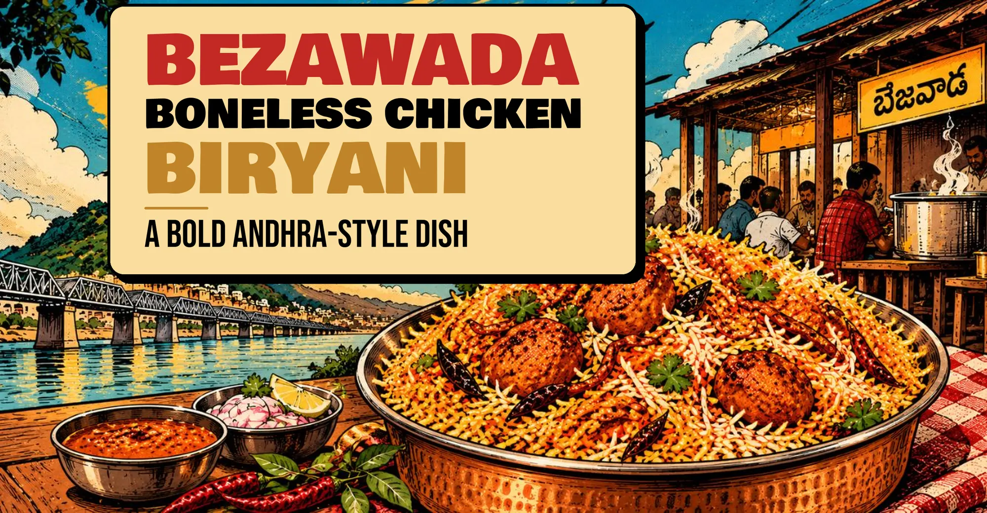 Bezawada Boneless Chicken Biryani served in a copper handi beside the Vijayawada river bridge