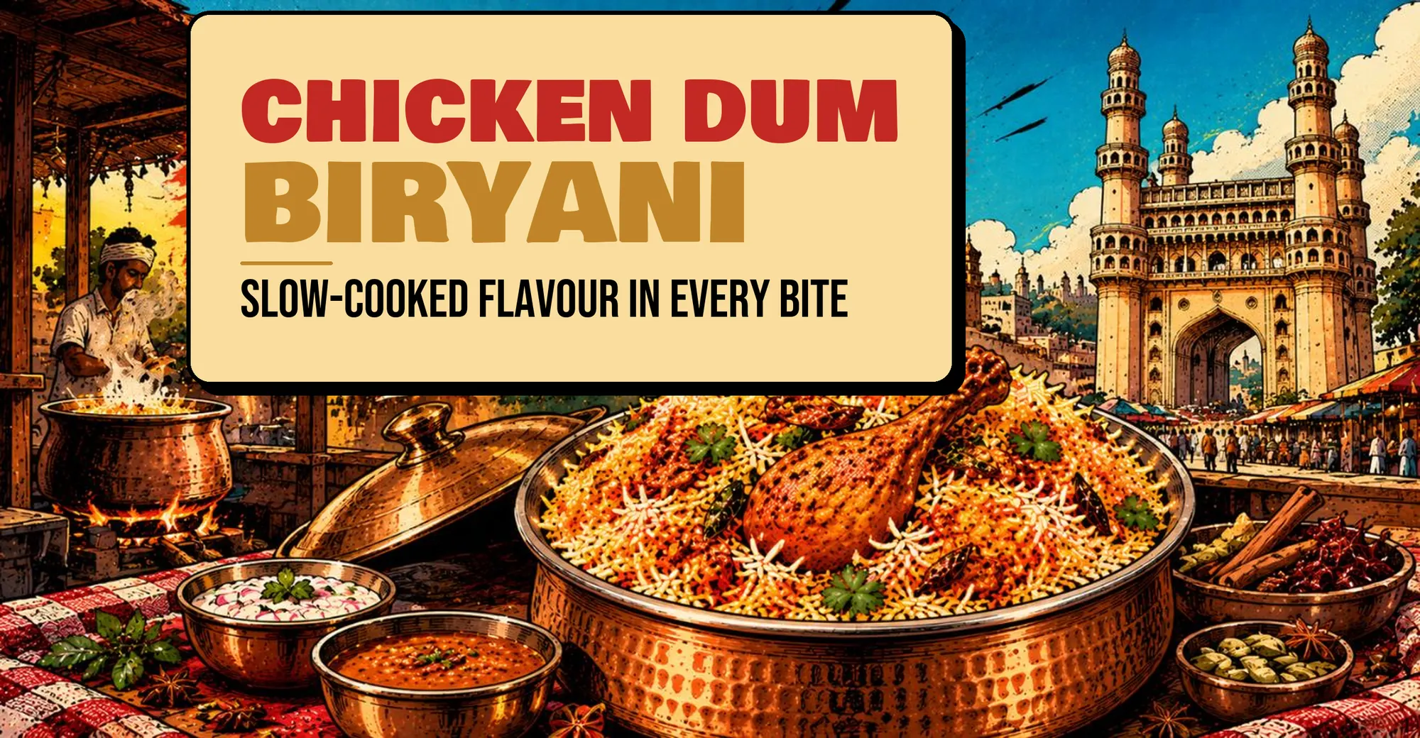 Chicken Dum Biryani in a copper handi with raita and salan, Charminar in the background