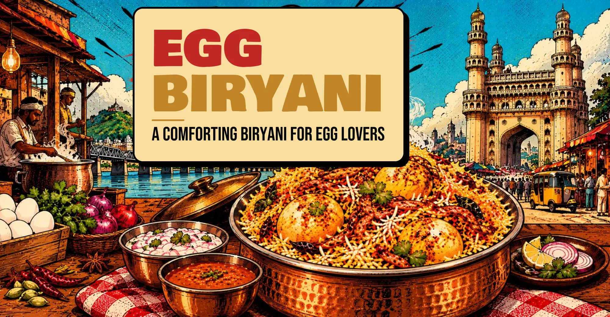 Egg Biryani with boiled eggs in a copper handi, with raita and salan on the side