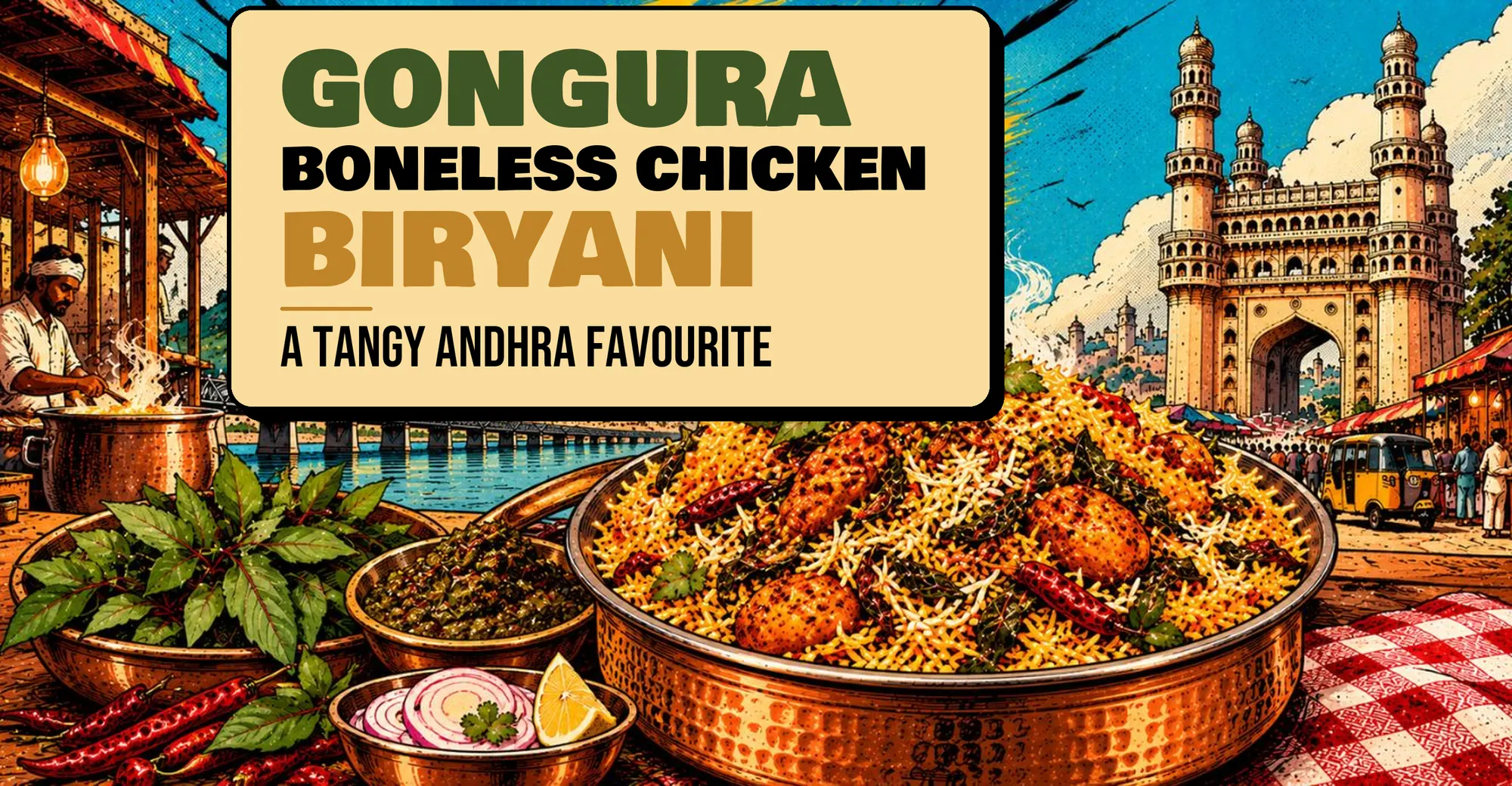 Gongura Boneless Chicken Biryani in a copper handi with fresh gongura leaves