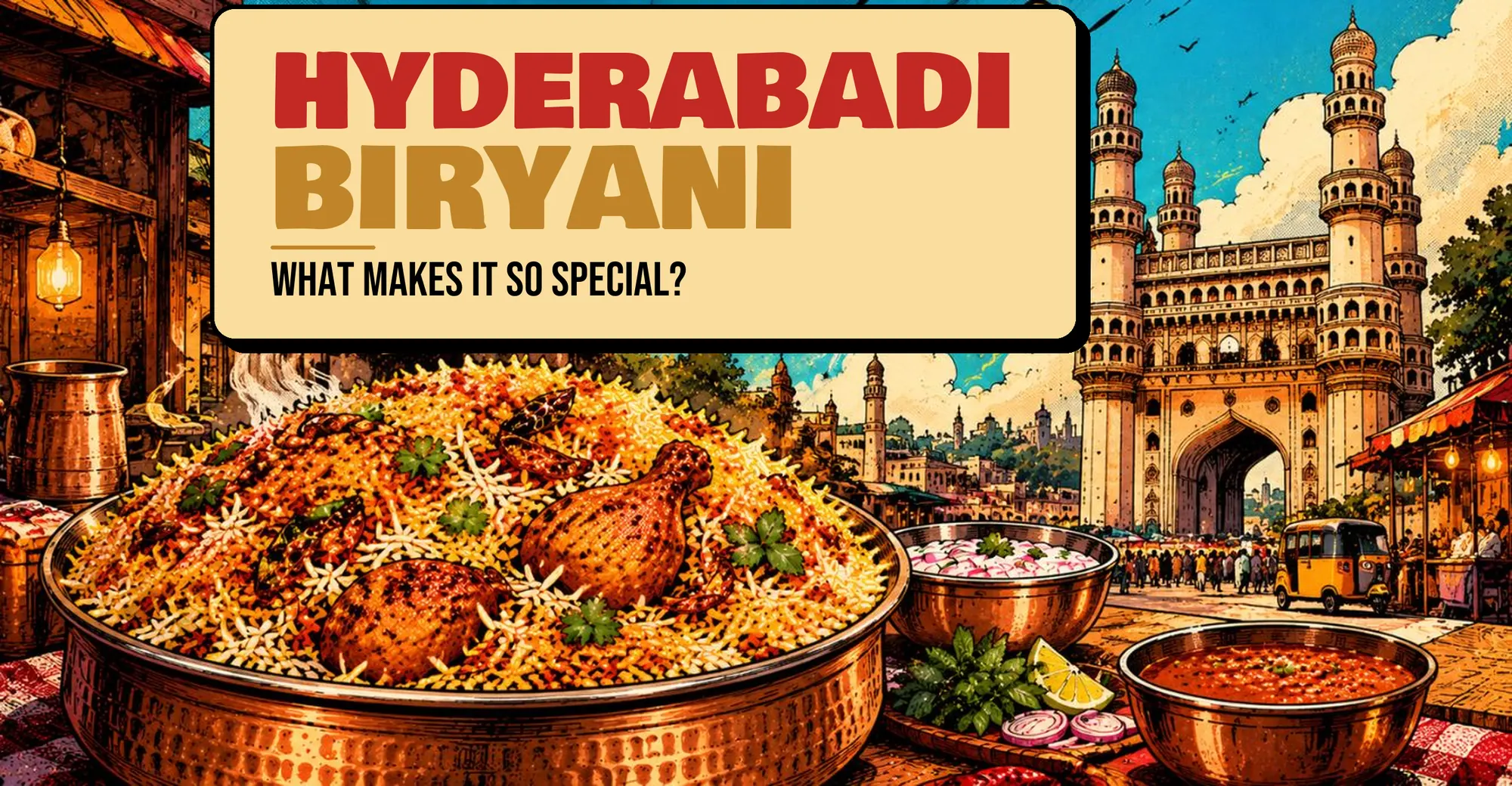 Hyderabadi chicken biryani in a copper handi in front of the Charminar