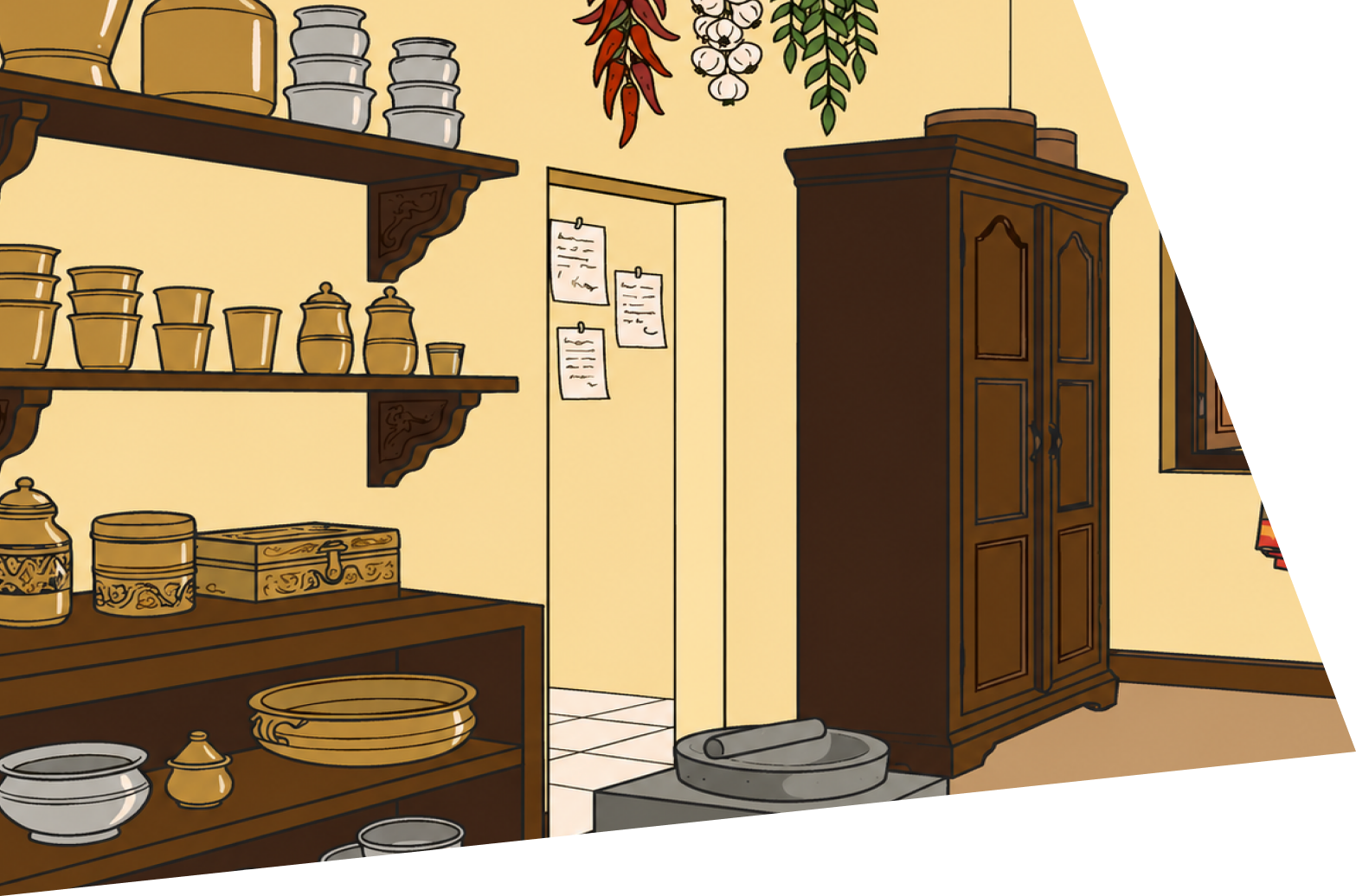 A grandmother's kitchen with the spice box among brass pots and jars