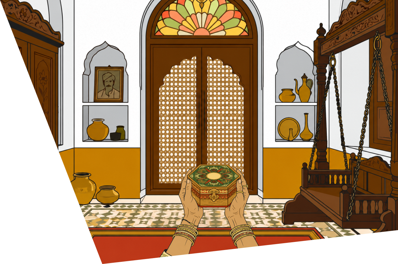 Hands holding the spice box in a heritage home doorway
