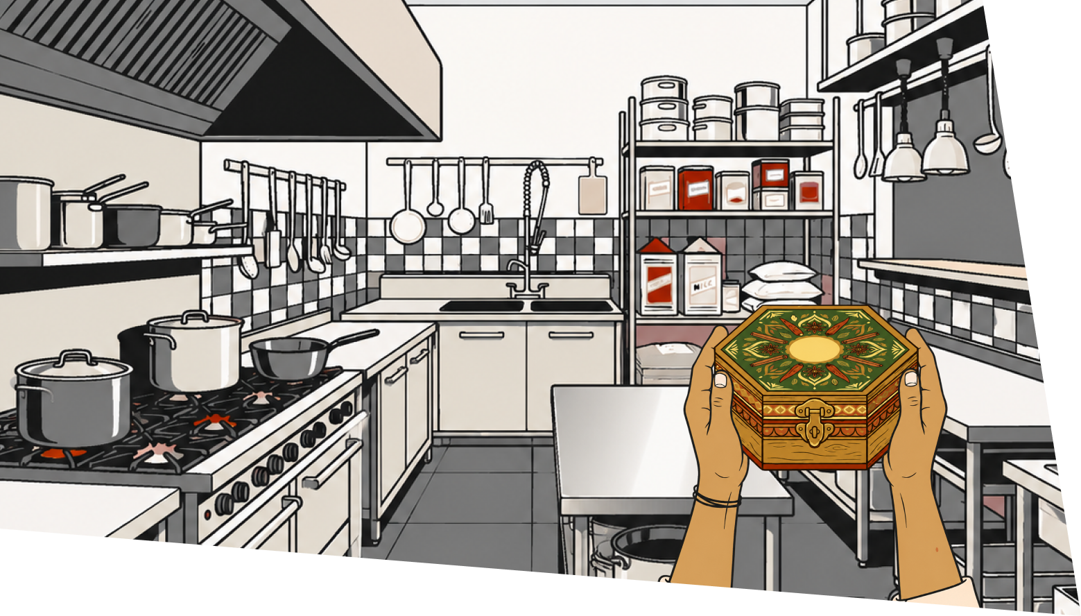 Holding the spice box in a modern restaurant kitchen