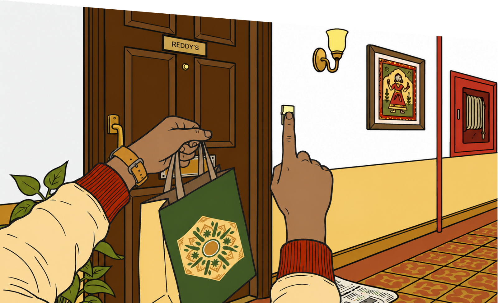 A delivery hand rings the doorbell at Reddy's with a Biryani Katha bag